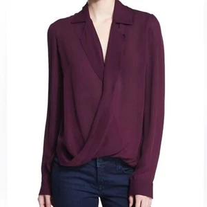 L'agence Rita drapierte Vorderseite Seide Crossover High Low Burgunderrot Bluse Größe Small - Bild 1 von 10