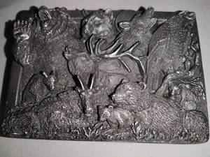 Vintage Metall Gürtelschnalle Messing mit Waldtieren.  Westernkleidung. unikat - Bild 1 von 6