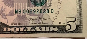 $5 Dollar Bill 2013 Repeater Circulated Fancy Low Serial Number MB 00 29 28 28 D - Picture 1 of 3