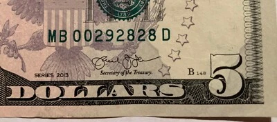 $5 Dollar Bill 2013 Repeater Circulated Fancy Low Serial Number MB 00 29 28 28 D - Image 1 of 3