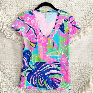 LILLY PULITZER neon multi Exotic Garden v-neck short sleeve Michelle tee XS - Picture 1 of 9