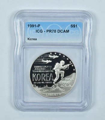 1991-P Korea Commemorative Silver Dollar PR70 DCAM ICG *4445 - Image 1 of 4