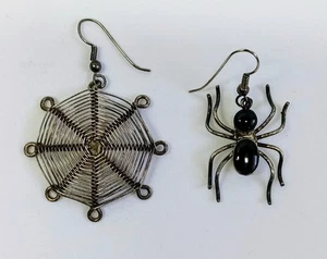 Vintage Spinnennetz & Spinne Ohrringe Silber & Schwarz Onyx 1,5" Gothic Halloween - Bild 1 von 7