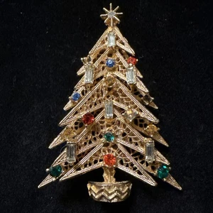 VTG ART Arthur Pepper Christmas Tree Pin Goldtone Rhinestones *flawed (Lot# 504) - Picture 1 of 6