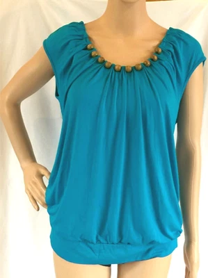 Pullover para mujer Grace Elements azul cuello redondo con cuentas de madera, talla grande Foto 1 de 4