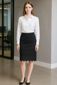 Joe B Women Pull On Pencil Skirt Black Pinstripe Lace Trim Size M Office Work - Picture 1 of 6