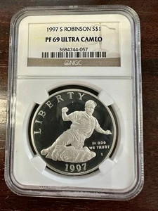 1997-S Jackie Robinson Commemorative Silver Dollar Graded - NGC PF69 Ultra Cameo - Picture 1 of 2