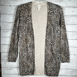 Chico's Brown Leopard Print Long Open Front Cardigan Sweater Size 3 XL - Picture 1 of 8