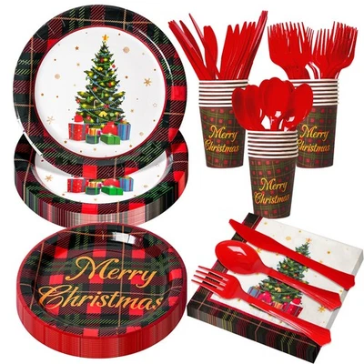 175 Pcs Merry Christmas Party Supplies Holiday Tableware for Dinner Party Decor - Image 1 of 4