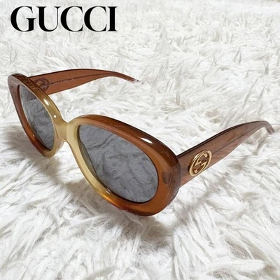 Gucci GG2408S Oval Oversized Acetate Gradient Brown Gold Logo Gray Sunglasses - Image 1 of 4