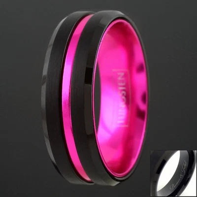 Engraved 6/8mm Black Tungsten Thin Pink Line Wedding Band Ring Breast Cancer TW - Image 1 of 4