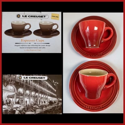 Le Creuset SET OF 2 Cerise Red Ombre Espresso Coffee Cup & Saucer 2oz Cafe - Image 1 of 4