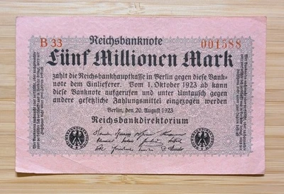 1923 Germany Weimar Republic 5 MILLION Mark Reichsbanknote Hyperinflation Era - Image 1 of 4