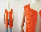 70s Handmade Tangerine Orange Long Wool Crochet Vest Small Medium