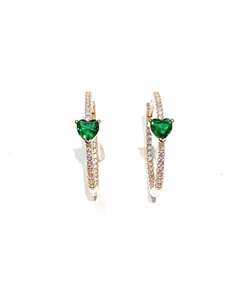 Orecchini cerchietto zirconi pavé cuore verde argento sterling - Immagine 1 di 3