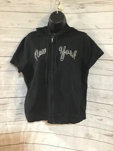 NY&C Sport Women’s Black Short Sleeve Hooded Cotton Blend Full Zip Vest Size L - Picture 1 of 5