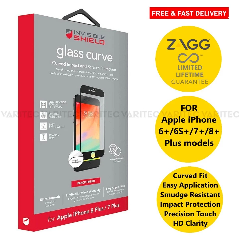 ZAGG Tempered Glass Curve Screen Protector for Apple iPhone 8 Plus 7 Plus 6+ 6S+ - Image 1 of 1