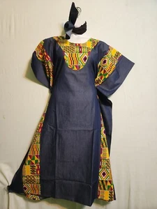 Mujeres Denim Caftán con Parches de Kente Vestido Largo con Bufanda en la Cabeza Talla Libre - Imagen 1 de 19