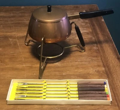 Vintage Copper Perk Swiss Made Retro Fondue Pot W/ Stand & Six Stainless Forks - Image 1 of 4