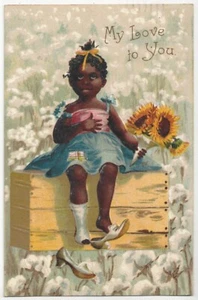 Linda chica afroamericana negra ilustrada por artista 1910, girasoles, San Valentín - Imagen 1 de 2