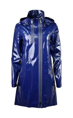 Women PVC Shiny Leather Hooded Light Weighted Raincoat Stylish Trench Long Coats - Image 1 of 4