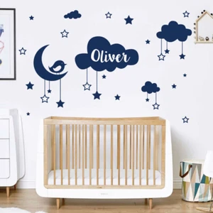 Personalised Name Baby Wall Sticker - Clouds, Stars, Moon & Bird - Picture 1 of 10