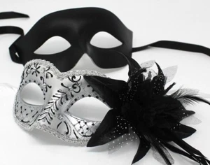 HIS N HERS PAIR COUPLES SILVER AND  BLACK VENETIAN MASQUERADE PARTY  EYE MASKS - Picture 1 of 3