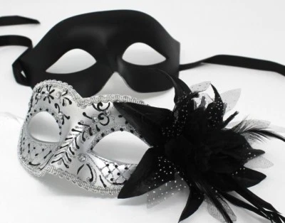 HIS N HERS PAIR COUPLES SILVER AND  BLACK VENETIAN MASQUERADE PARTY  EYE MASKS - Image 1 of 3