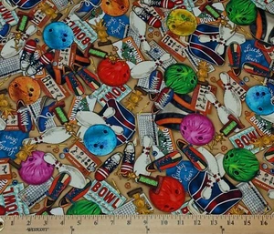 Cotton Tenpin Alley Bowling Pins Balls Multicolor Fabric Print by Yard D667.87 - Picture 1 of 1