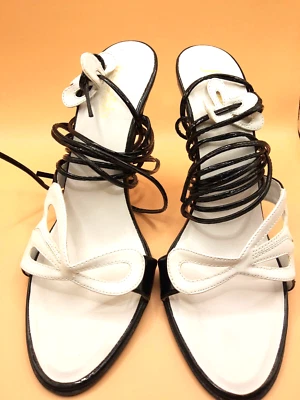 Frederick's Of Hollywood BLACK & WHITE Strappy Tie up Leg 5" Stiletto Size 9M - Image 1 of 4