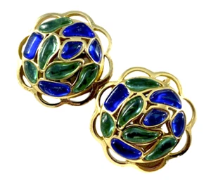 Vintage Krone Trifari moderne Mosaike grün blau goldfarben Ohrclips 60er Jahre - Bild 1 von 3