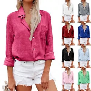 Women's Cotton Linen Solid Blouse Tops Ladies Baggy Long Sleeve Casual T-Shirt‹ - Picture 1 of 40