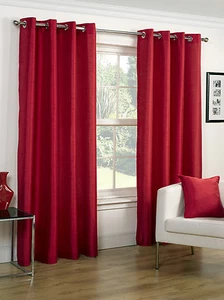 FAUX SILK SCARLET 65" x 54" EYELET HEADER READY MADE FULLY LINED CURTAINS LUXURY - Picture 1 of 3