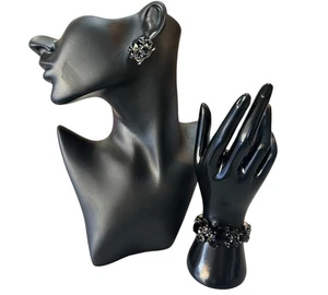 Set orecchini bracciale e clip vintage firmati BIANCHI strass vetro nero - Foto 1 di 15