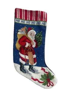 Vintage Nadelspitze Wolle Weihnachtsmann Weihnachtsstrumpf Samtrücken - Bild 1 von 5