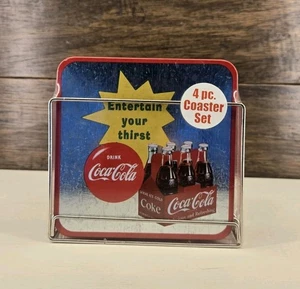 Coca Cola (4) Piece Coaster Set And Holder Entertain Your Thirst Factory Sealed - Picture 1 of 5