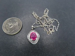 14k White Gold & Natural Ruby/Diamonds Pendant Necklace, 19.5", 2.8g - Picture 1 of 9