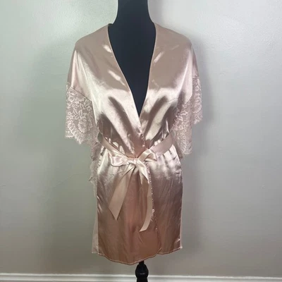 La Senza Kimono Robe Lingerie Small Medium Pink Satin Lace Belted - Image 1 of 4