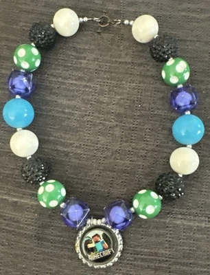 Minecraft Necklace Bottle Cap Charm Kids Unique Beads Approx 16 Inches - Image 1 of 4