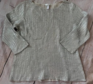 Chicos Suéter Talla 2 Grande Plateado Crema Metálico Manga 3/4 Cuello Ancho Elegante - Imagen 1 de 8