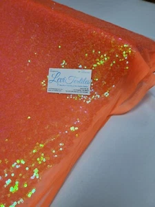 Schillerndes Neon Orange Glitzern Pailletten Stoff/3 mm Pailletten auf Poly Netz - BTY verkauft - Bild 1 von 5