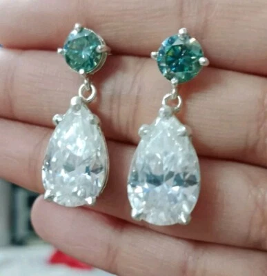 24 Ct Treated Certified Blue & Off White Diamond Dangler Earrings ,925 Silver - Image 1 of 4