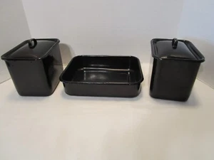 Vintage Schwarz Emaillegeschirr Kühlschrank Set 5-teilig Set 2 Deckel Aufbewahrung 1 Pfanne 10" W - Bild 1 von 12