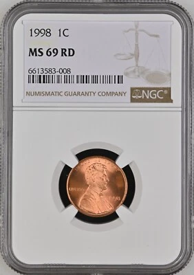 1998  1C RD  Lincoln Memorial One Cent  NGC MS69RD  6613583-008 - Image 1 of 2