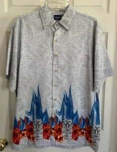 Sideout Men's Button Down Shirt Size L Hawaiian Gray w/ Tiki and Hibiscus  - Picture 1 of 6