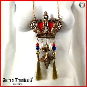 gioiello pendente amuleto collana ciondolo corona reale re regina perle lusso - Imagen 1 de 24