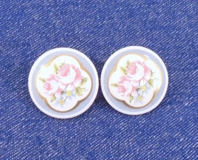 Vintage Ceramic Pink Roses Gray Background Gold Accent Round Clip On Earrings - Image 1 of 3