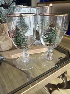 🎄Spode Christmas Tree 16 Ounces Pedestal Goblets with Gold Rims, Set of 4 NIOB - Picture 1 of 7