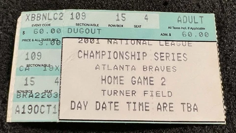 2001 Arizona Diamondbacks Braves Game 4 NL Championship Ticket Luis Gonzalez HR Cover