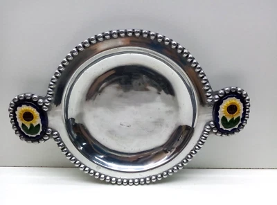 Solid Heavy Pewter Large Serving Tray/Plate with Ceramic Sunflowers on Handles - Image 1 of 4